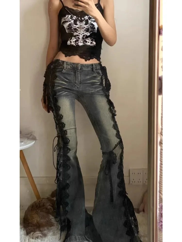 Retro Eyelets Lace Up Flare Jeans Stitch Lace Whiskers Low Rise Split Bootcut Pants Women Bell Bottoms Streetwear Y2k Aesthetic SS69