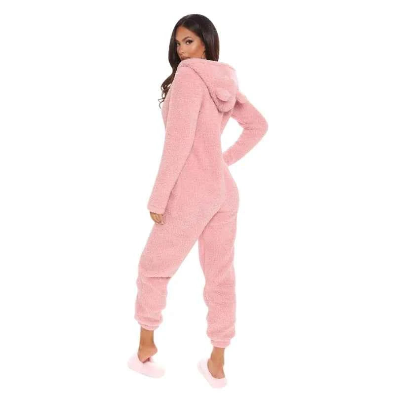 BWQ Womens Winter Warm Onesie Pajamas Fuzzy Fleece Zipper Up Bear Ear Hooded Romper Jumpsuits Sleepwear Loungewear