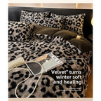 Leopard Print Plush Quilt Cover Set - Warm Coral Fleece