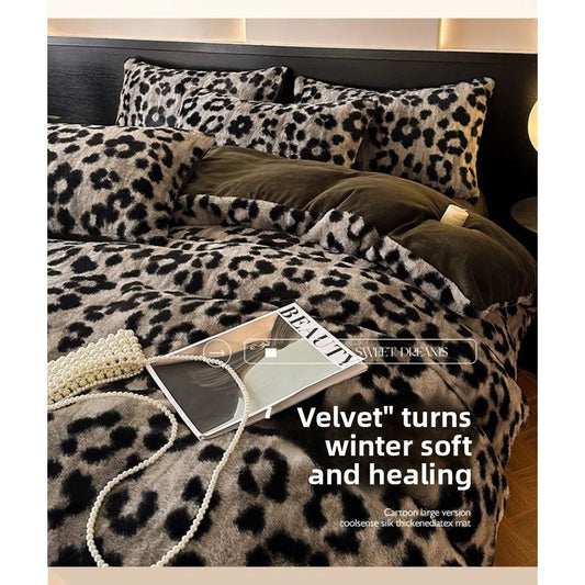 Four-piece Set Thickened Thermal Fleece Flange Coral Fleece Class A Leopard Print Rabbit Plush Quilt Cover Pillowcase Bed Sheet