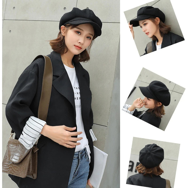 Woolen Octagonal Beret Hat for Women - Autumn/Winter Style