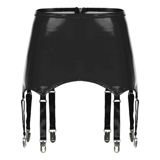 Womens Garters Suspender Belt Skirts Ladies Wet Look Mini Skirts Leather Garters with Metal Clips Clubwear Costume Underwear