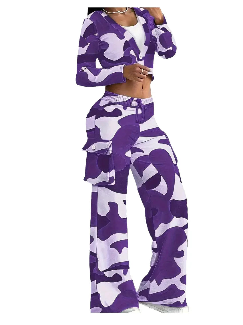 Camo Print Cargo Pants Sets Sexy Crop Tops & Elastic High Waist Wide Leg Trousers Women's Two Pieces Set Casual SweatOutfits SS69