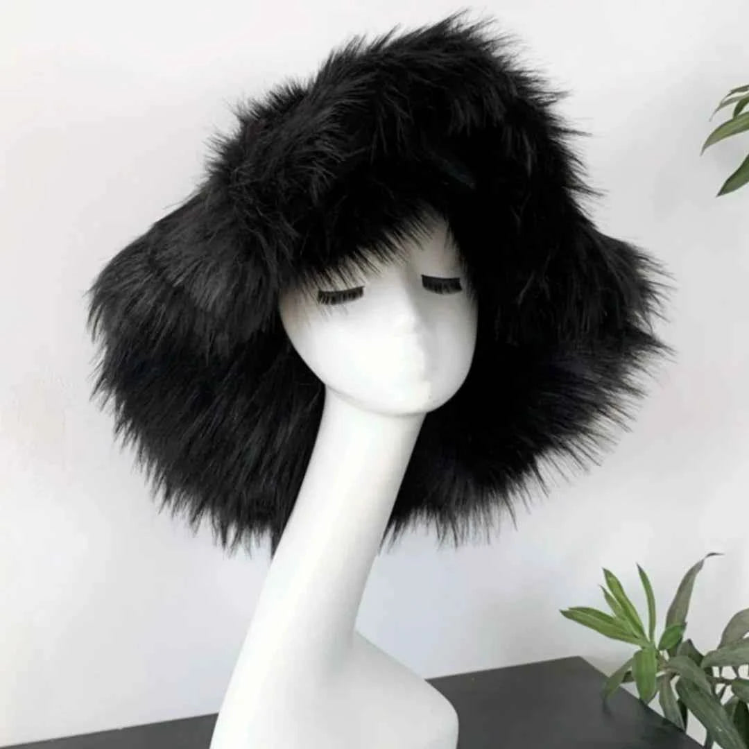Luxury Fluffy Women Faux Fur Bucket Hats Oversized 17cm Wide Brim Thicken Outdoor Warm Plush Punk Hat Girl Y2k Female Ski Panama