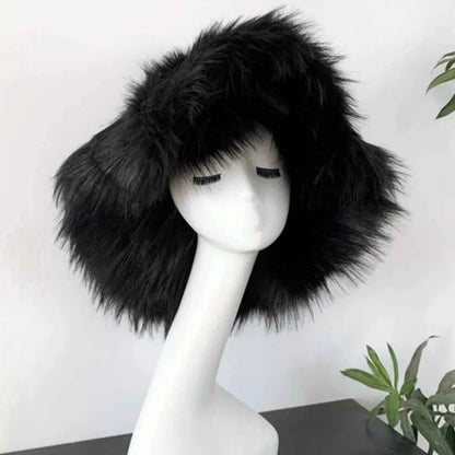 Luxury Fluffy Women Faux Fur Bucket Hats Oversized 17cm Wide Brim Thicken Outdoor Warm Plush Punk Hat Girl Y2k Female Ski Panama