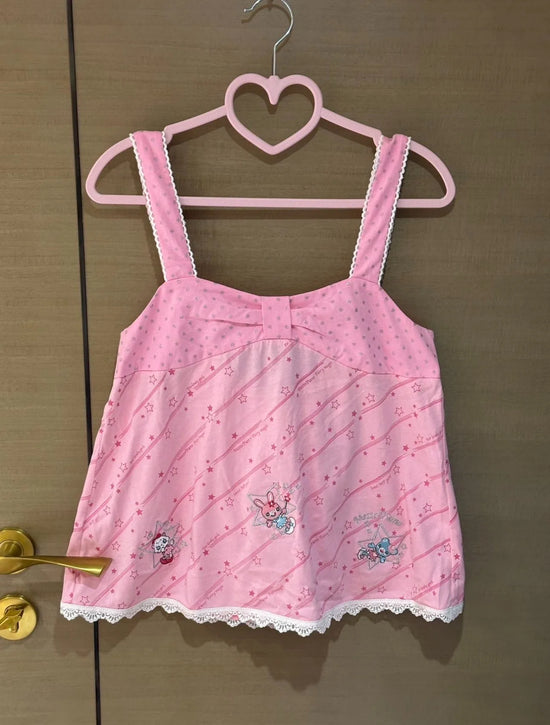 Y2K Women clothing Sweet Tanks Summer 2025 Cute Bow Strap Vest Casual Cartoon Print Camis Fashion Y2k Crop Suspender Lace Tops - SS69