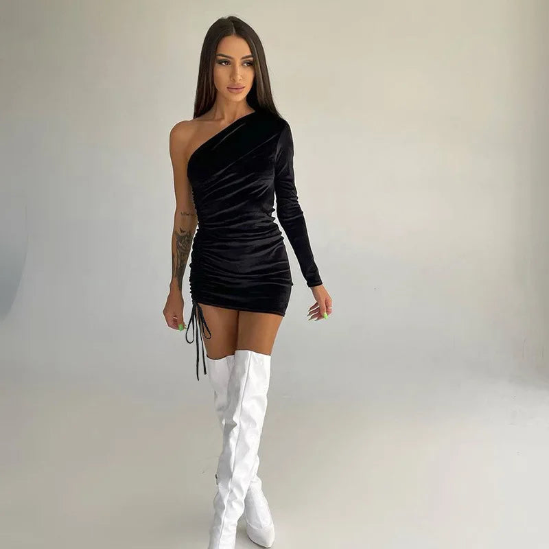 2025 New Plus Size 9XL 8XL 7XL One Shoulder Velvet Lace Up Party Bodycon Women Dresses Vestidos XXXXXL SS69