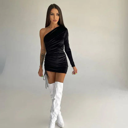 2025 New Plus Size 9XL 8XL 7XL One Shoulder Velvet Lace Up Party Bodycon Women Dresses Vestidos XXXXXL SS69