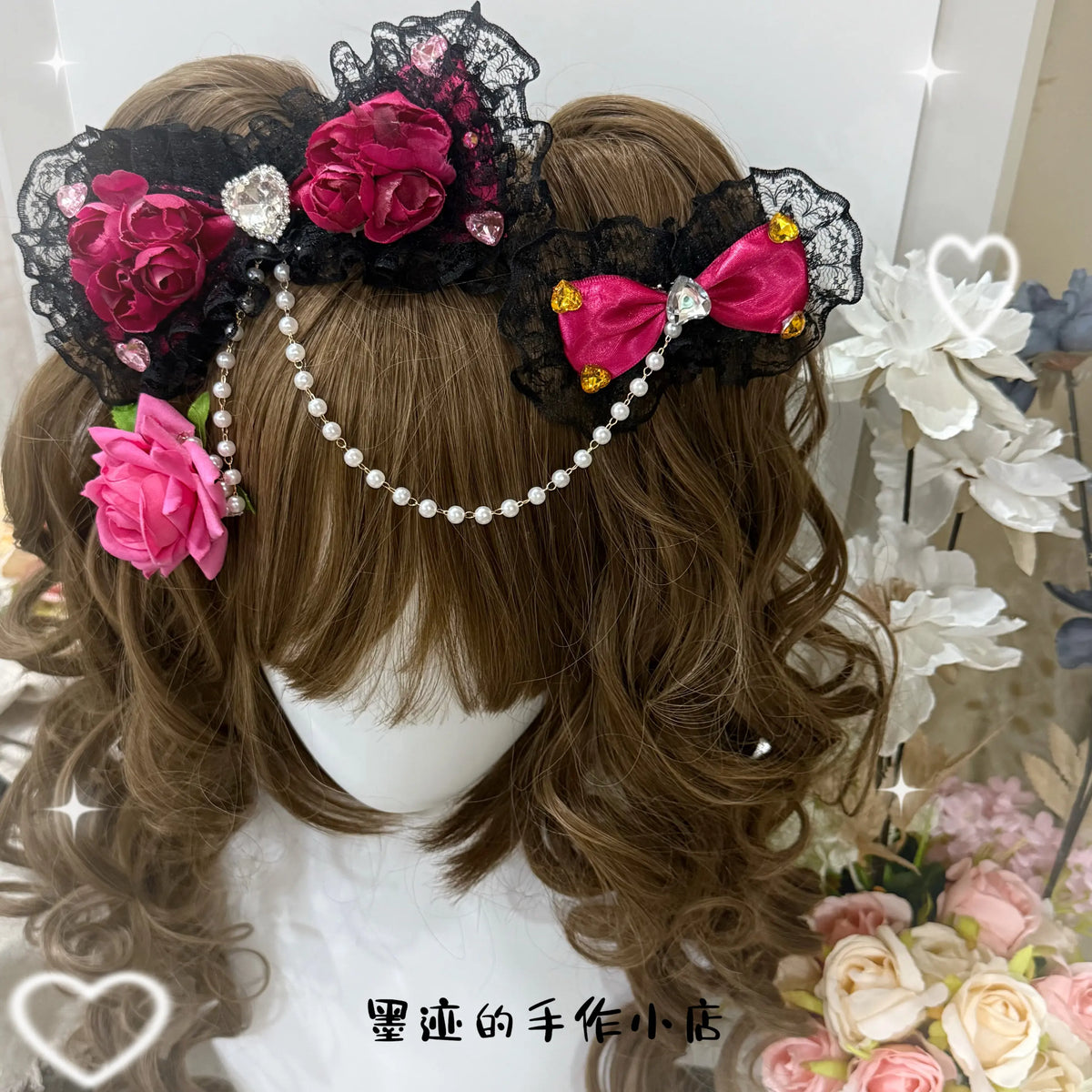 Lace Bow Hairpin with Pearl Chain & Floral Accents