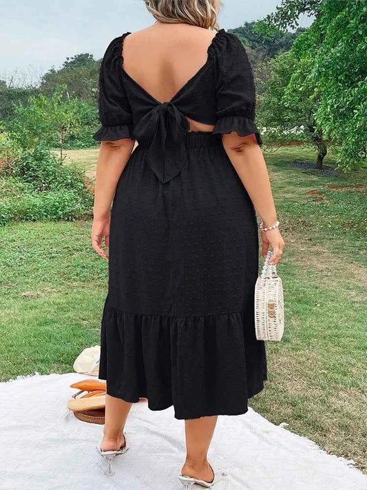 Plus Size Women's Pure Color Wrap Ruffle Hem Midi Dress Square Neck Backless Short Sleeve Dress Elegant temperament