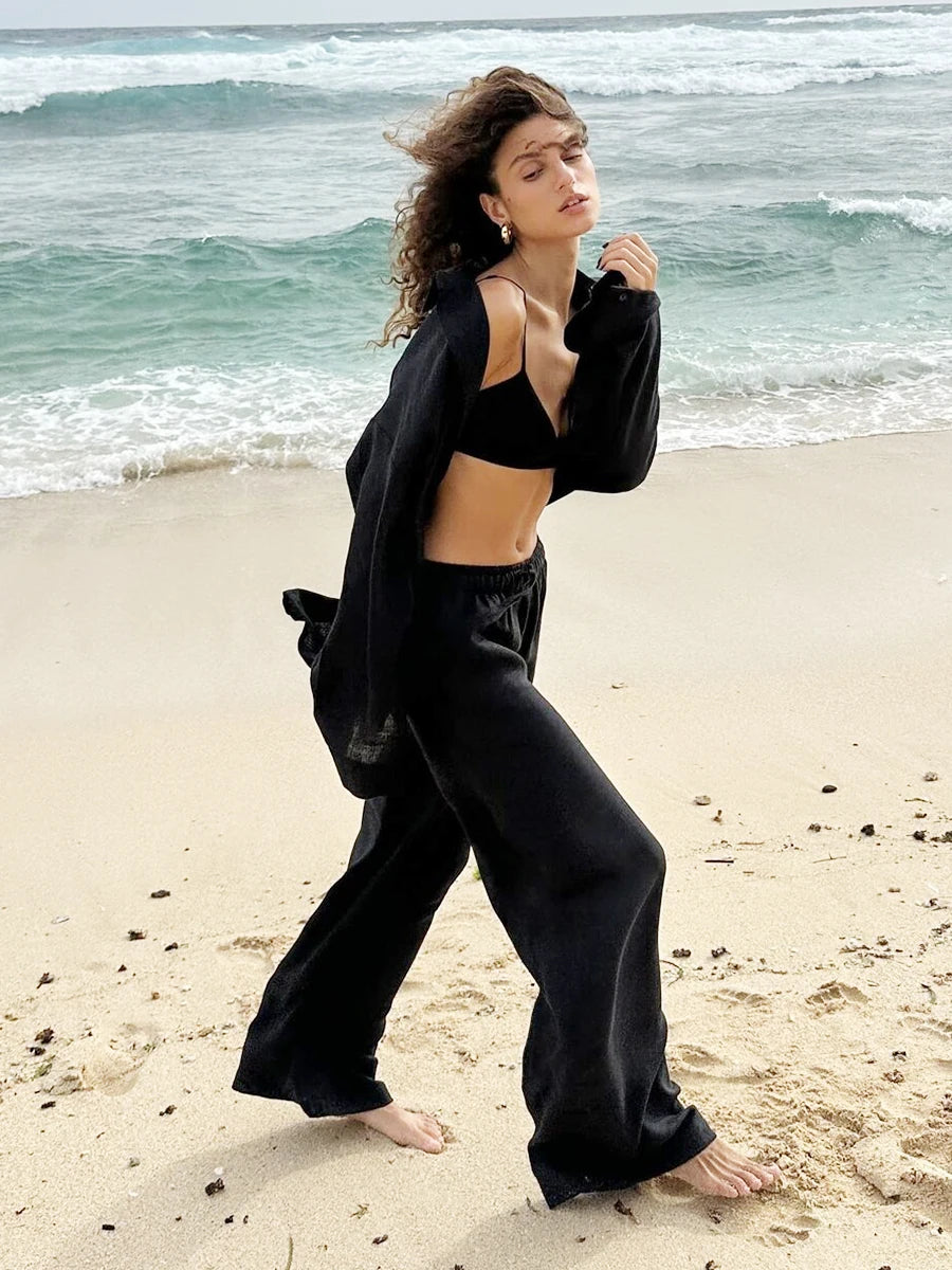 Bornladies Women's Cotton Long Sleeve Shirt & Wide Leg Pants Set