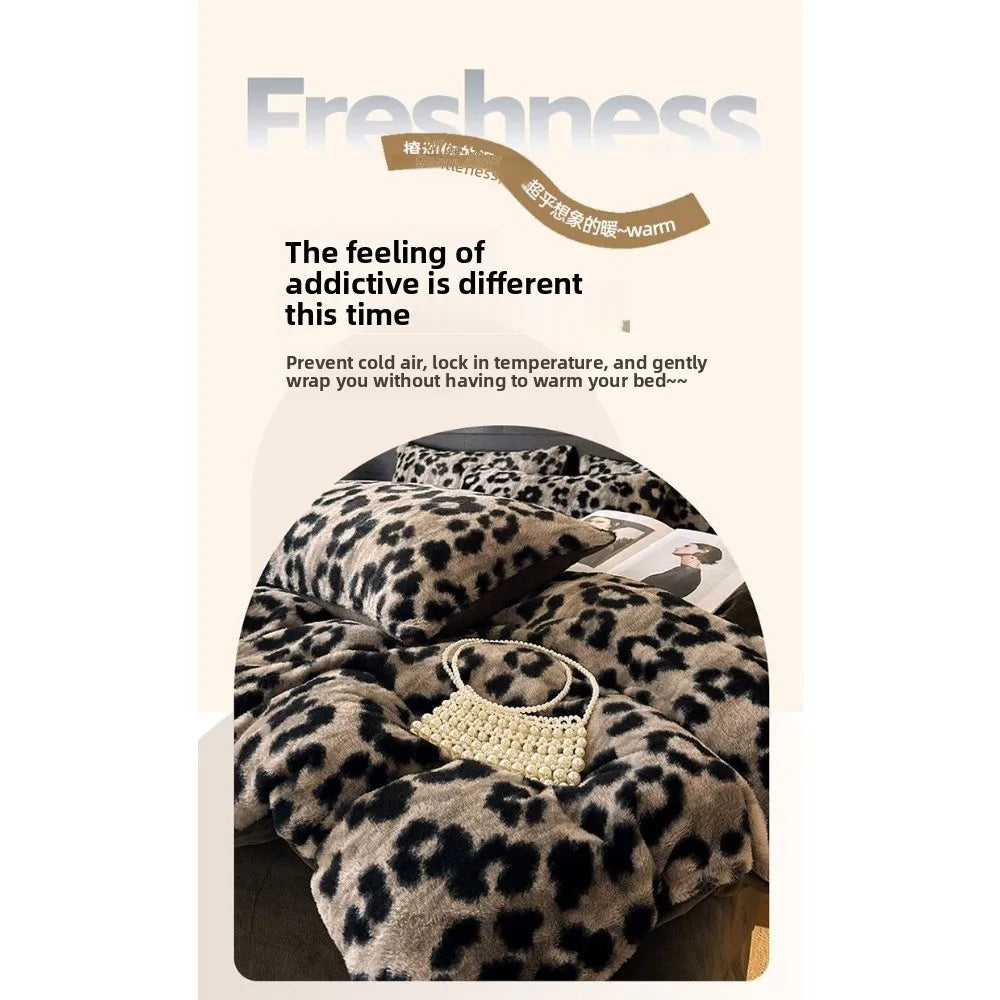 Leopard Print Plush Quilt Cover Set - Warm Coral Fleece