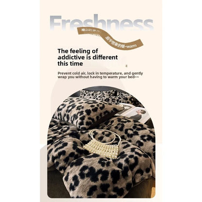 Four-piece Set Thickened Thermal Fleece Flange Coral Fleece Class A Leopard Print Rabbit Plush Quilt Cover Pillowcase Bed Sheet