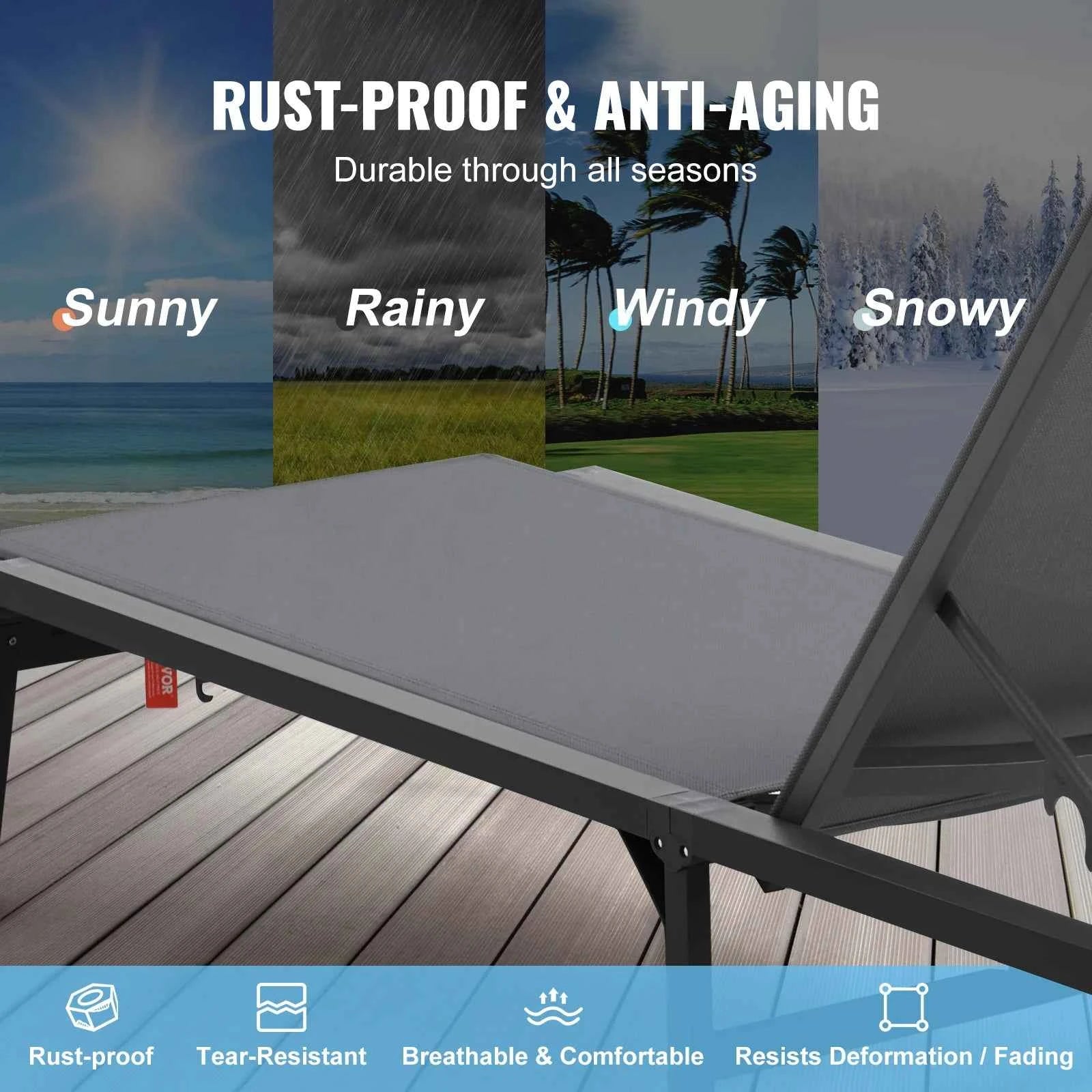 SucceBuy Chaise Lounge Chair Outdoor Aluminum Patio LoungeFolding Pool Lounge Recliner Full Flat for Patio Beach Pool Dark Grey