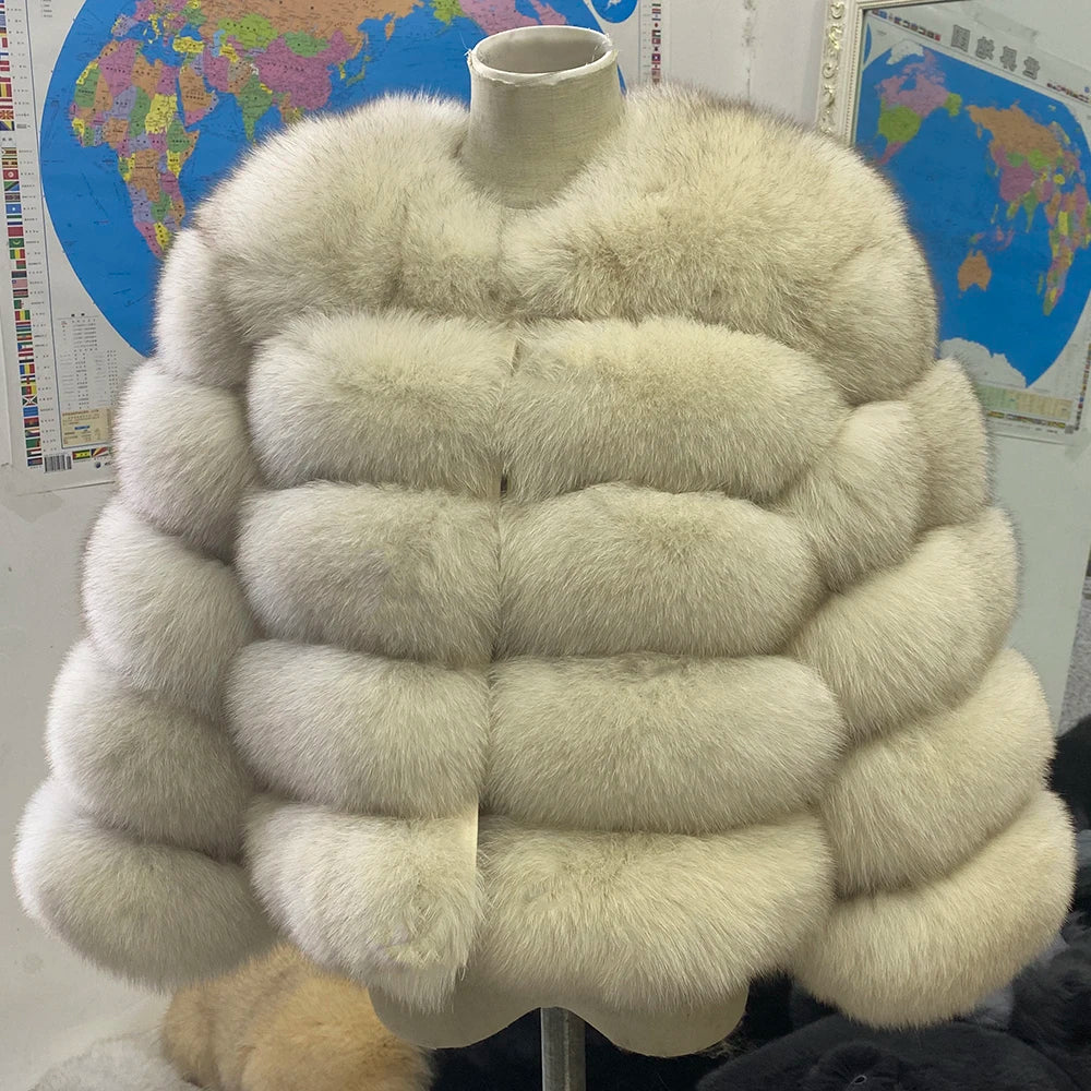 WGLUVF Women's Real Fox Fur Short O-Neck Coat