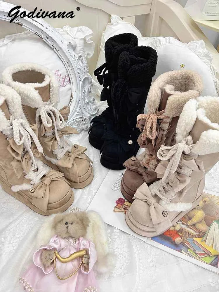 Lolita Winter Calf Boots Original Cute Bow Women's Warm Snow Boots Plush Warm Girl Female Suede Long Fur Boots