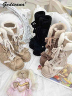 Lolita Winter Calf Boots Original Cute Bow Women's Warm Snow Boots Plush Warm Girl Female Suede Long Fur Boots
