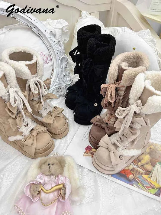 Lolita Winter Calf Boots Original Cute Bow Women's Warm Snow Boots Plush Warm Girl Female Suede Long Fur Boots