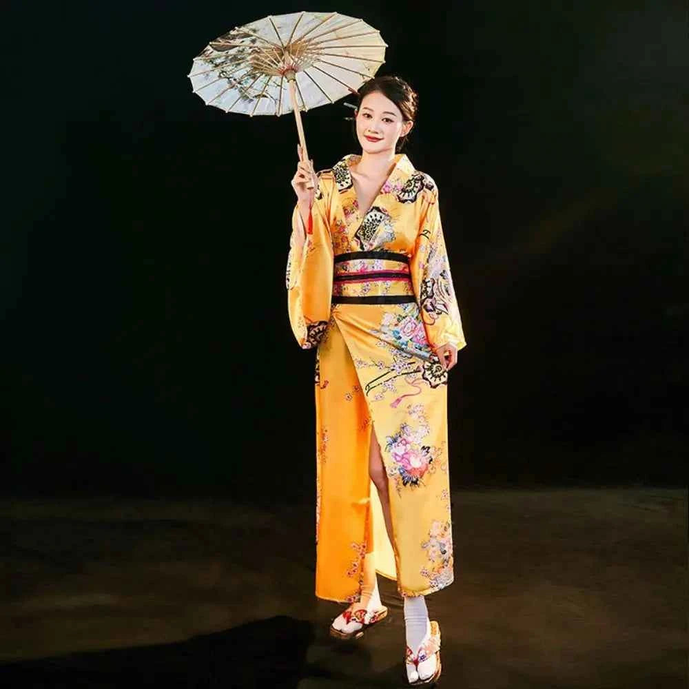 Cosplay Costume Traditional Japanese Kimono Japanese Style Printed Floral Sakura Girl Kimono Dress Asian Elegance