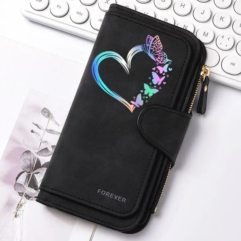 ZeAiLi Long PU Leather Clutch Wallet with Animal Paw and Butterfly Print