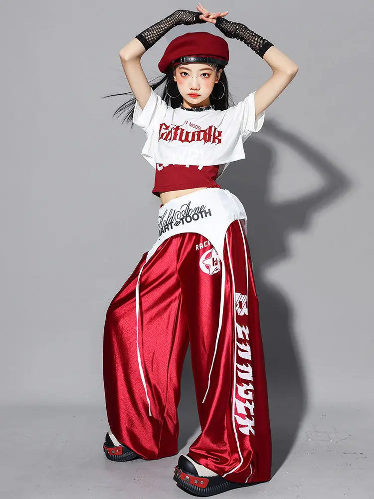 Girls Shiny Crop Top & Joggers Street Dance Set