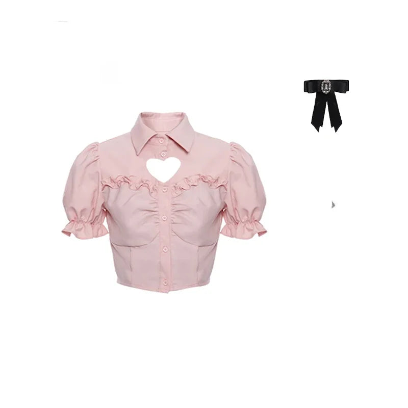 Summer Kawaii Clothing Pink Y2k Crop Tops Blouse + Black Mini Dress Two Piece Set for Women Casual Bodycon Korean Suit Chic SS69 26.69 Only Pink Blouse / S