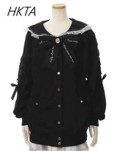 Mine Series Japanese Embroidery Bow Sail Collar Black Long Sweatshirt Coat Women Hoodie Lolita Sweet Girls Pink Hoodies Jacket