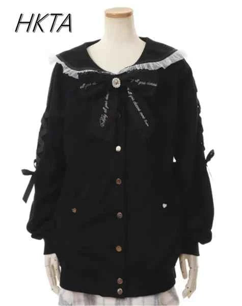 Mine Series Japanese Embroidery Bow Sail Collar Black Long Sweatshirt Coat Women Hoodie Lolita Sweet Girls Pink Hoodies Jacket