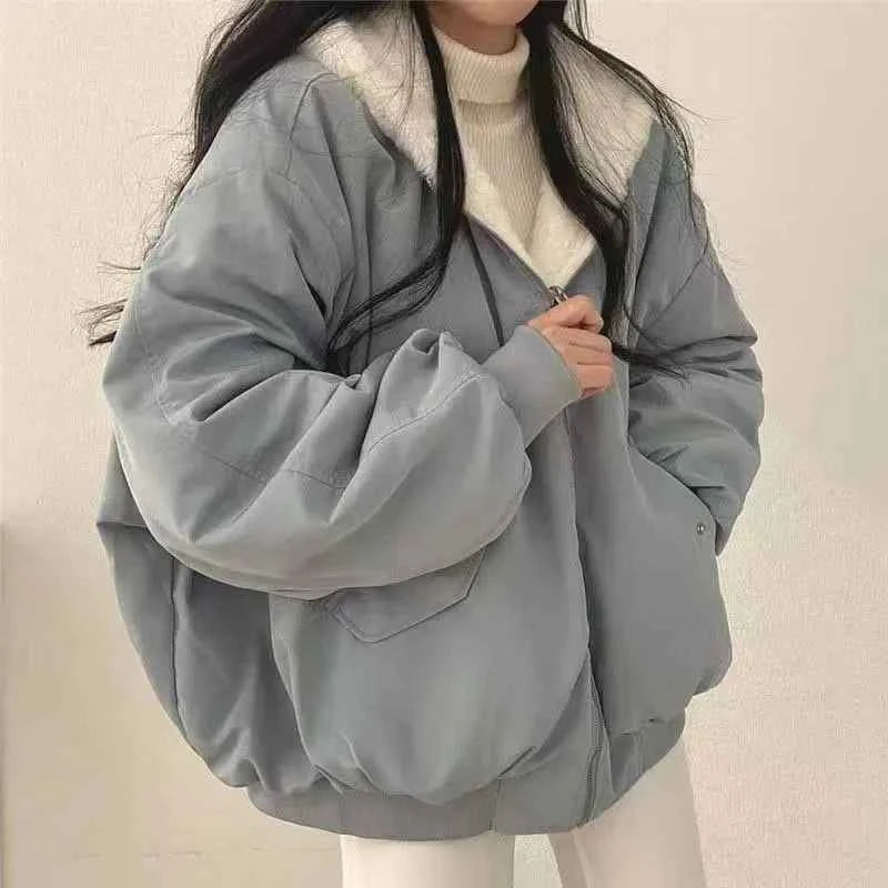 Smvp Winter Thicken Warm Parkas Women Fashion Double Sided Hooded Fleece Coat Ladies Korean Loose Long Sleeve Zip Up Jackets