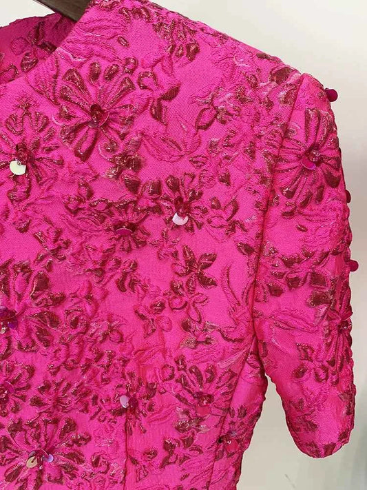 HIGH STREET Newest 2024 Designer Fashion Stylish Dress Women's Beaded Floral Jacquard Trimmed Dress