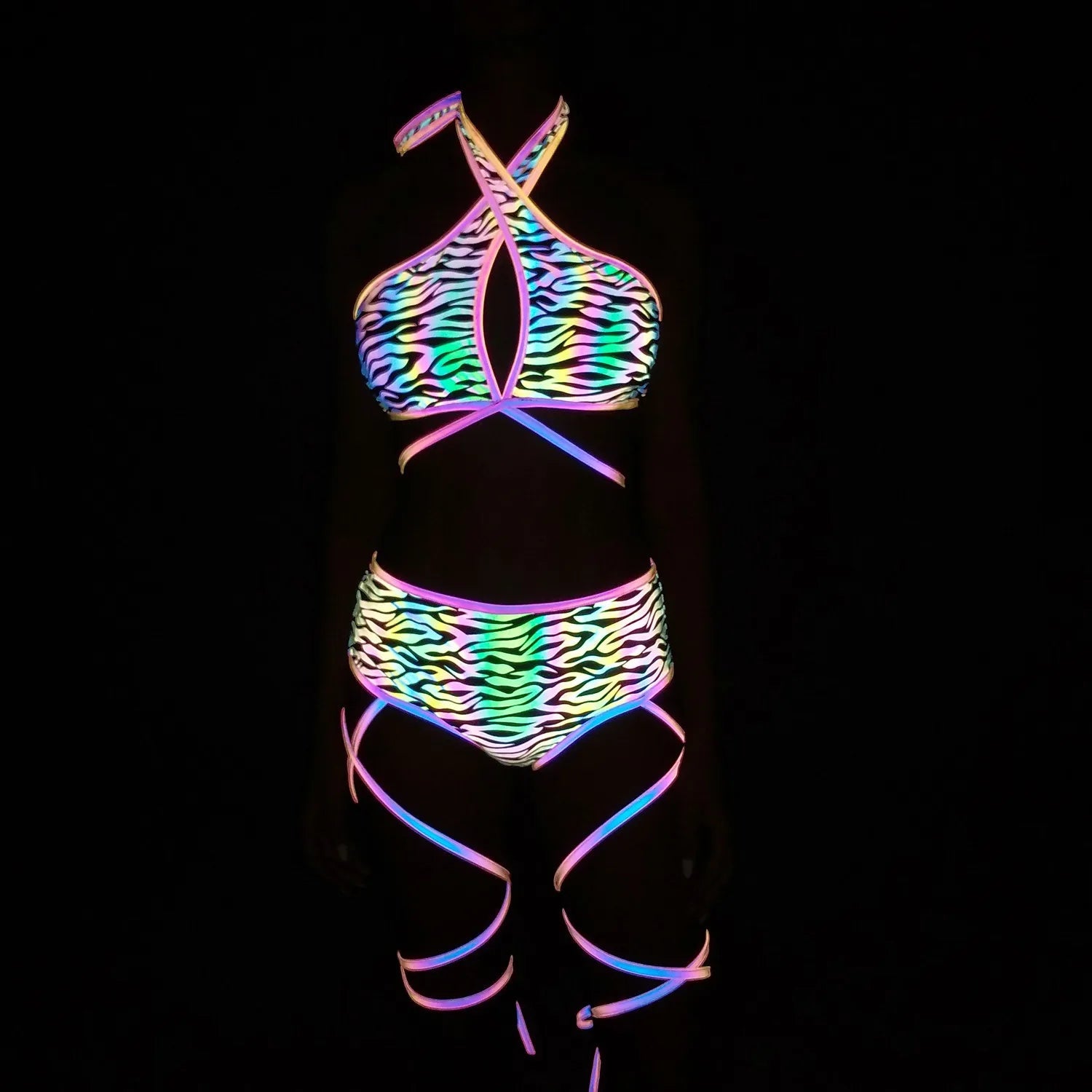 Harajuku Fashion Women Colorful Reflective Set Bandage Shorts+Bra+Crop Top Techwear Clothing Conjuntos Curtos SS69 37.69 2 piece set b / S