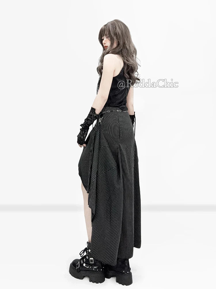 REDDACHiC Black Striped Suit Skirt Grunge Retro 3-Way Fishtail High-Low Maxi Long Train Skirt Gothic Woman Alternative Clothes