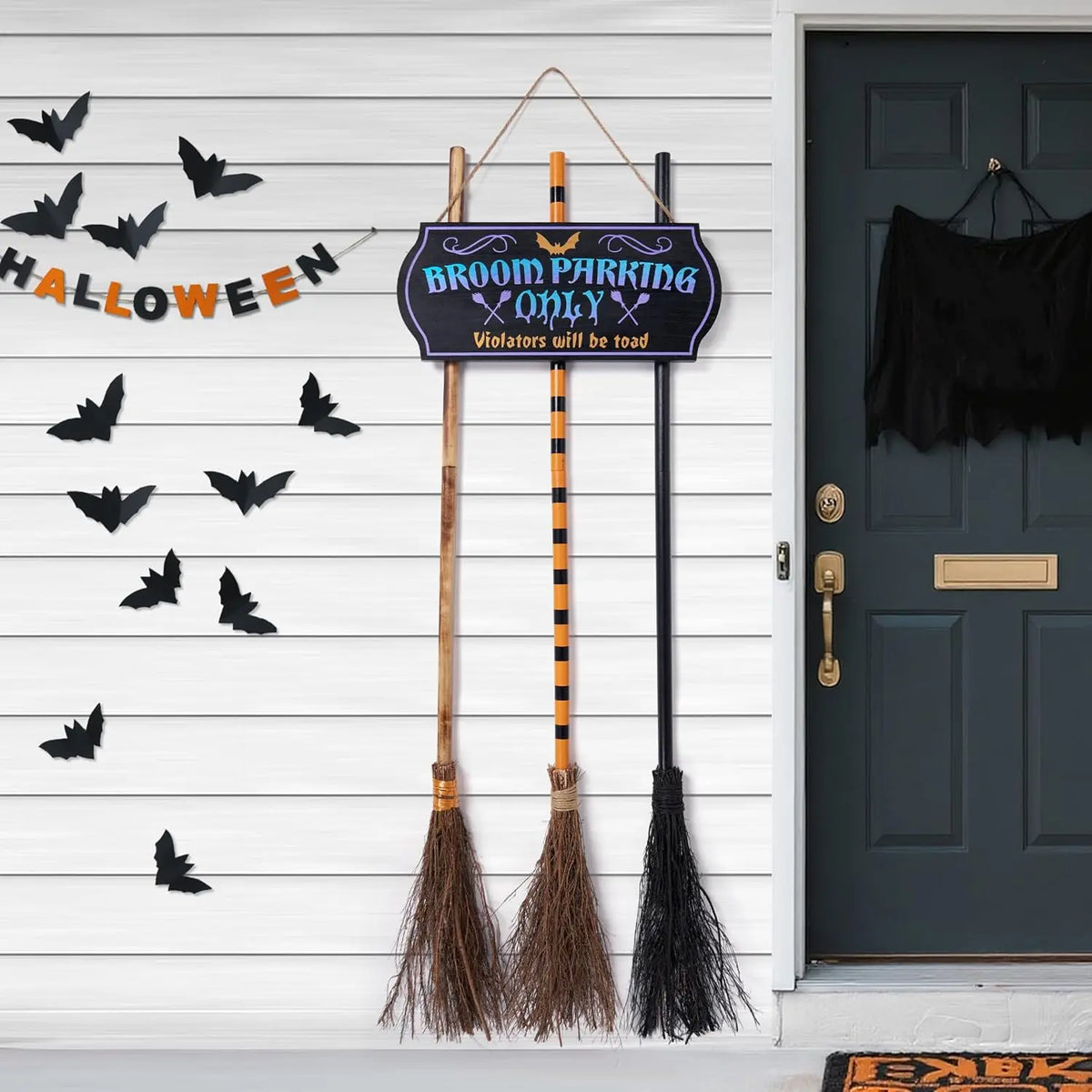 Halloween Broom Parking Sign with 3pcs Wooden Witches Brooms Halloween Decorations Outdoor Wooden Warning Sign for Front Porch Wall Decor Home Office Indoor