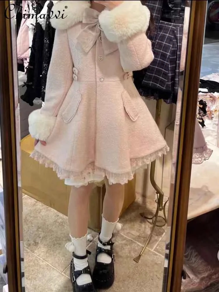 Japanese Sweet Bow Slim Medium Long Woolen Coat Winter New Faux Fur Collar Lolita Girl Women's Pink White Wool Jacket Overcoat