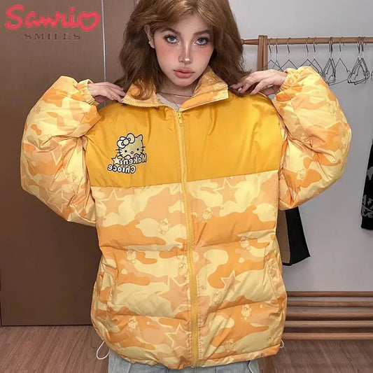 Sanrio Y2K Hello Kitty Winter Women Camouflage Down Jacket Thicken Coat Anime Kawaii Warm Cotton Clothes Tops Girl Student Loose SS69