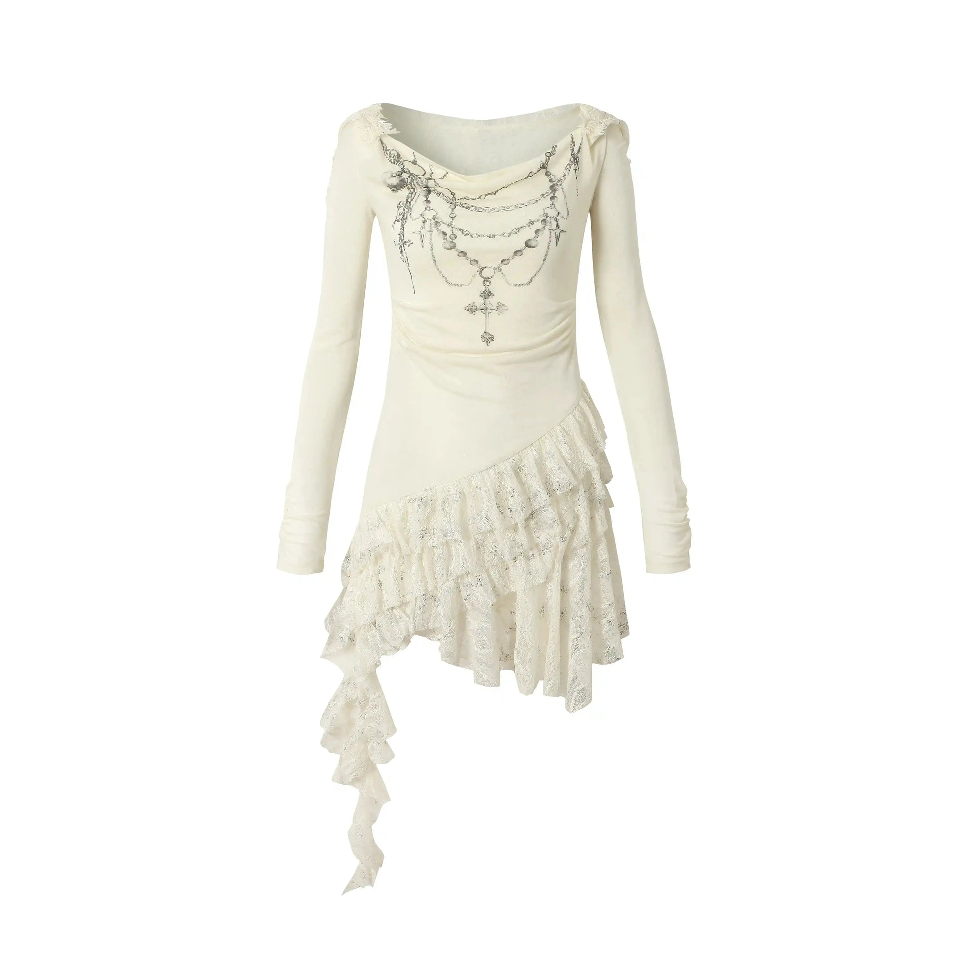 NO ROMANCE Fairy Sexy Punk Printing Half Transparent Lace Patch Knitted Long Sleeve Hooded Dresses Rock Gothic Design Vestidos SS69 172.69 white dress / M