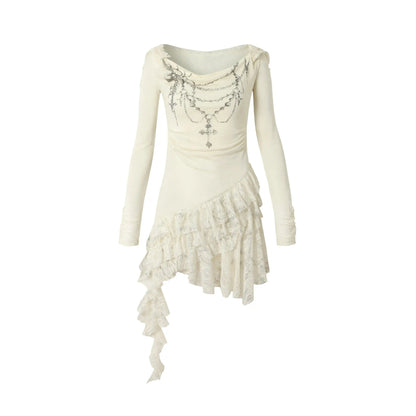 NO ROMANCE Fairy Sexy Punk Printing Half Transparent Lace Patch Knitted Long Sleeve Hooded Dresses Rock Gothic Design Vestidos SS69 172.69 white dress / M