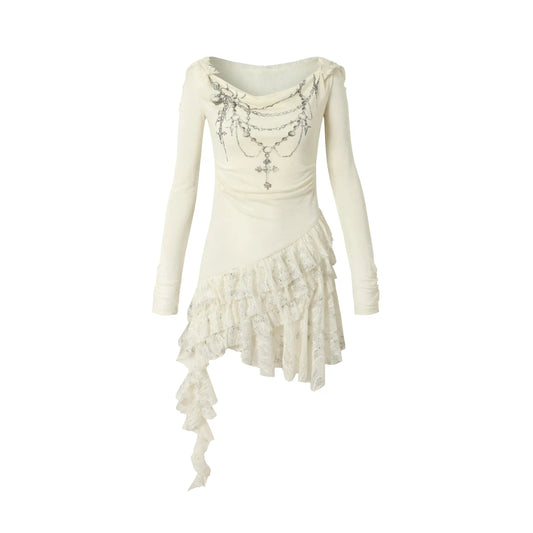 NO ROMANCE Fairy Sexy Punk Printing Half Transparent Lace Patch Knitted Long Sleeve Hooded Dresses Rock Gothic Design Vestidos SS69 172.69 white dress / M