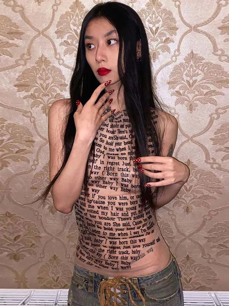 Fashion Trendy Round Collar Sleeveless Tank Mesh Sexy Article Print Slim Casual Top Women Hipster Wear SS69