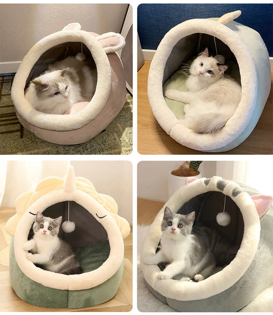 SS69 Cartoon Cat Cave Bed, Foldable Cotton Pet Sleeping Mat with Removable Pad