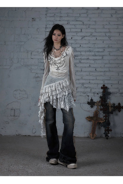 NO ROMANCE Fairy Sexy Punk Printing Half Transparent Lace Patch Knitted Long Sleeve Hooded Dresses Rock Gothic Design Vestidos SS69