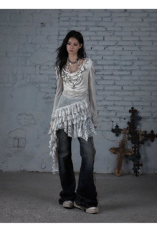 NO ROMANCE Fairy Sexy Punk Printing Half Transparent Lace Patch Knitted Long Sleeve Hooded Dresses Rock Gothic Design Vestidos SS69