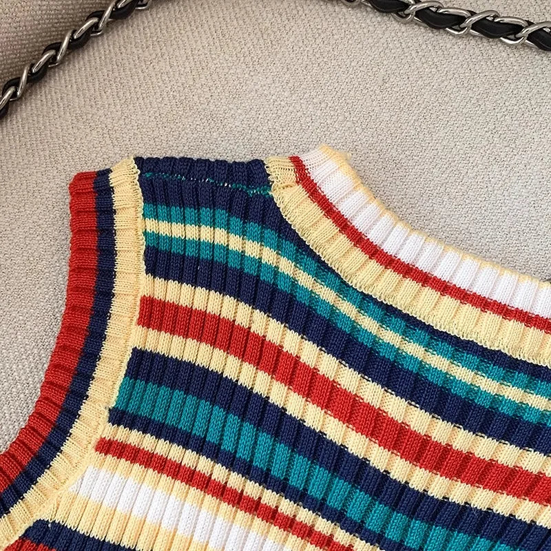 YuooMuoo Chic Fashion Knitted Tops Women 2025 Summer Y2K Rainbow Striped Slim Elastic Sleeveless Tank Tops Steetwear Lady Shirts SS69