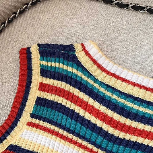 YuooMuoo Chic Fashion Knitted Tops Women 2025 Summer Y2K Rainbow Striped Slim Elastic Sleeveless Tank Tops Steetwear Lady Shirts SS69