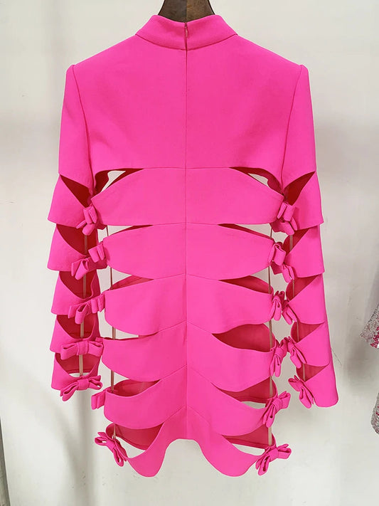 HIGH STREET 2024 New Stylish Designer Party Wear Women's Star Style Sexy Hollow Out Bow Dress Fluorescence Pink SS69