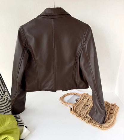 2024 New Short Genuine Leather Blazer Jackets for Women Fashion Pink Lapel Single Button Female Long Sleeve Sheepskin Jackets