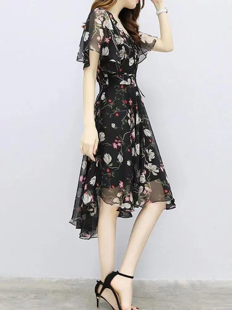 Women floral Chiffon Flower Dress 2026 trends new in Ladies Elegant V Neck short Sleeve korean style Summer Dress Female Clothes