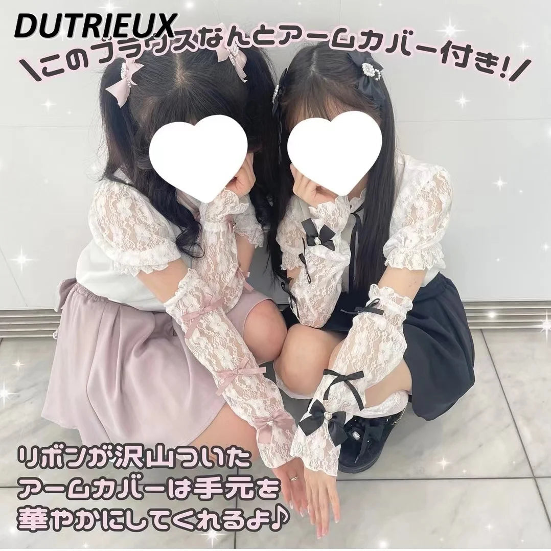 Japanese Style Shirt Women's Summer New Mine Lolita Camisa Clothes Lace Sweet Cute Oversleeve Long Short Sleeve Blouse Top Girl SS69