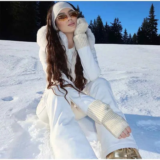 Fashion Solid Warm Ski Suit Women's Hood Fur Trim Full Sleeves Belt Coats High Waist Pants 2025 Winter Lady Windproof Tracksuit