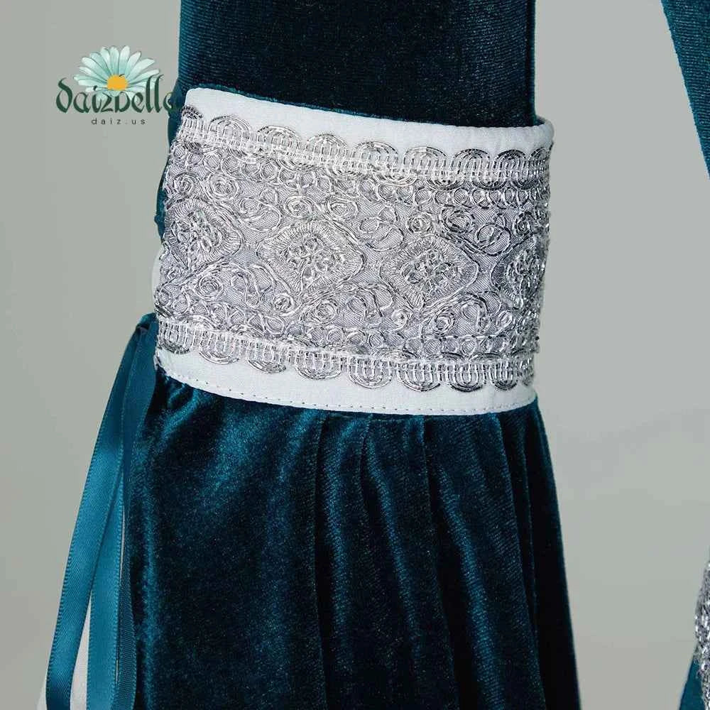 DAIZBELLA Women's Medieval Renaissance Costume Elf Style Off Shoulder Green Velvet Long Slim-fit Dress with Chiffon Sleeves